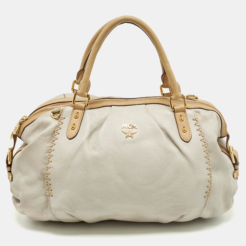 Mcm Whipstitched Detail Grey Leather Satchel